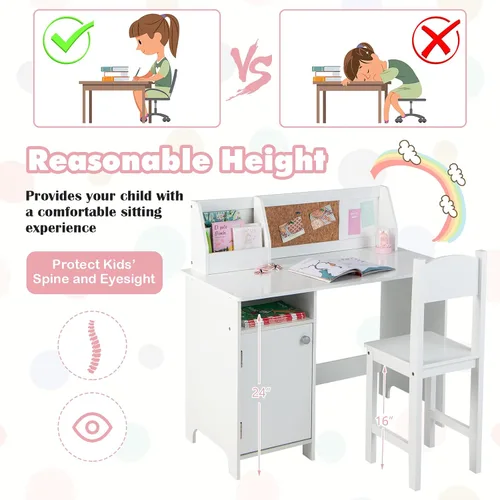 Vista 7 de Costzon Juego de escritorio y silla para niños, mesa de estudio de madera para niños con almacenamiento, gabinete, tablero de anuncios de corcho