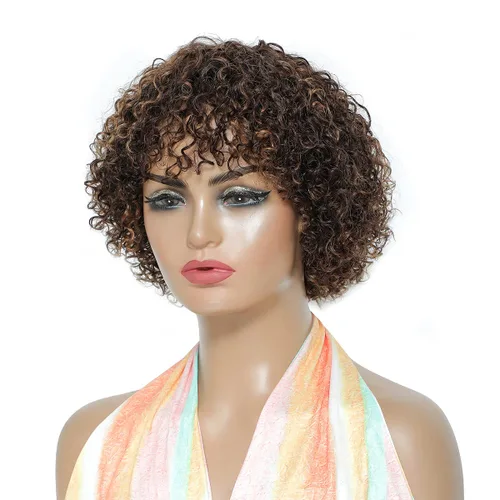 Vista 2 de Peluca de cabello humano rizado estilo Bob para mujeres negras, 150% de densidad, mezcla de castaño caoba, peluca corta sin pegamento por