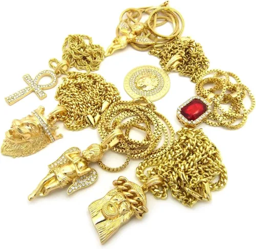 Vista 4 de Juego de collar y colgante de león helado, Jesús, Dios griego, cruz de Anj, ángel, rubí rojo