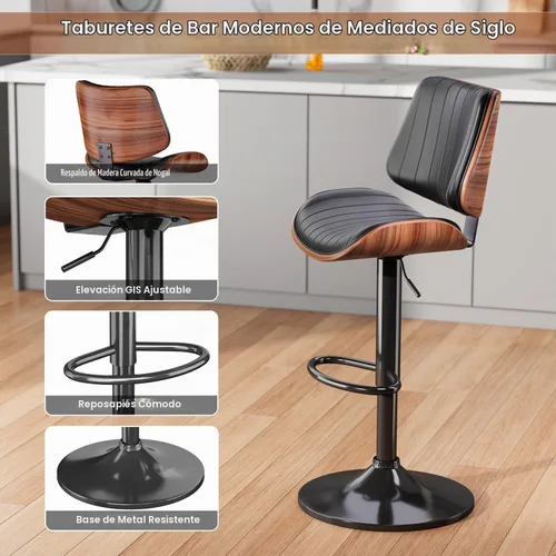 Vista 5 de Juego de 1 taburetes de bar giratorios de madera curvada ajustables para encimera de cocina, moderna silla de bar tapizada de piel sintética