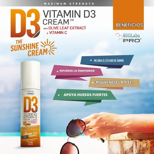 Vista 2 de BIOLABS PRO Crema natural de vitamina D3 de 15000 UI de vitamina D, máxima fuerza, combate la deficiencia de vitamina D de forma natural