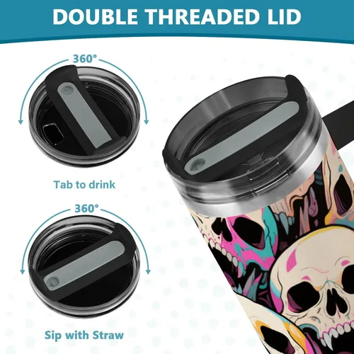 Vista 5 de Botella de agua de boca ancha al vacío con diseño de calavera de animales de dibujos animados coloridos para niños con tapa y pajita, taza
