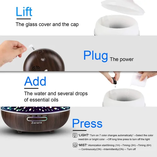 Vista 6 de Difusor de aceite esencial de 18.6 fl oz, humidificador de niebla fría de vidrio 3D, humidificador ultrasónico de aromaterapia con 7 luces LED que