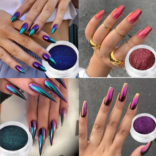 Vista 2 de Juego de 4 piezas con efecto camaleón para uñas con purpurina en polvo, pigmento metálico, esmalte de polvo cromado, pigmento brillante, decoración