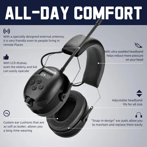 Vista 5 de PROHEAR 033 2.0 Auriculares Bluetooth de Protección Auditiva con Radio AM/FM - Orejeras de Reducción de Ruido 31 SNR, Batería Recargable de 50