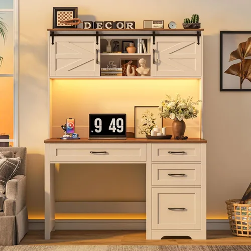 Vista 12 de Escritorio ejecutivo de granja de 67 pulgadas de alto con gabinete, mesa de oficina con luz LED y 4 cajones, escritorio para computadora