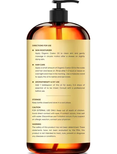 Vista 2 de Brooklyn Botany Aceite de ricino orgánico prensado en frío para cabello, piel y cara 16 onzas líquidas 100% puro y natural Aceite portador
