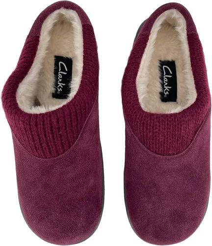 Vista 4 de Clarks Pantuflas de gamuza para mujer JMH2175 con cuello de punto, forro de piel sintética de felpa suave, pantuflas de casa para interiores