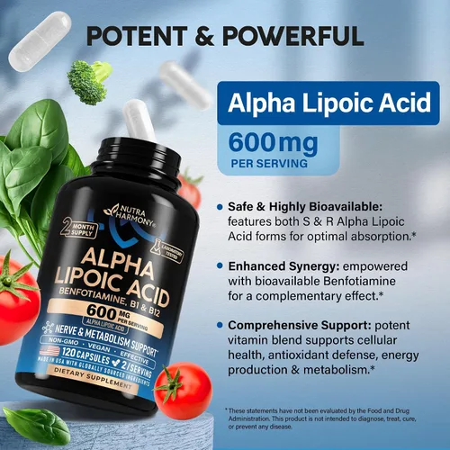 Vista 4 de Ácido Alfa Lipóico 600mg - Suplemento de ALA Antioxidante para el Apoyo a los Nervios, Energía y Metabolismo - Fuerza Extra con Benfotiamina, B1