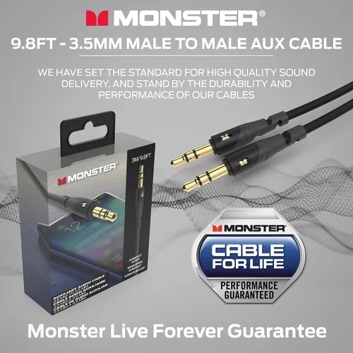 Vista 6 de Monster Gen1 Essentials - Cable de audio macho a macho, cable auxiliar de 9.8 pies con chaqueta Duraflex, conectores chapados en oro, cable auxiliar