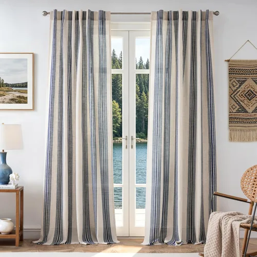 Vista 120 de DriftAway Cortinas de estilo granja con rayas verticales de lino mezclado texturizado con filtro de luz semitransparente para sala de estar