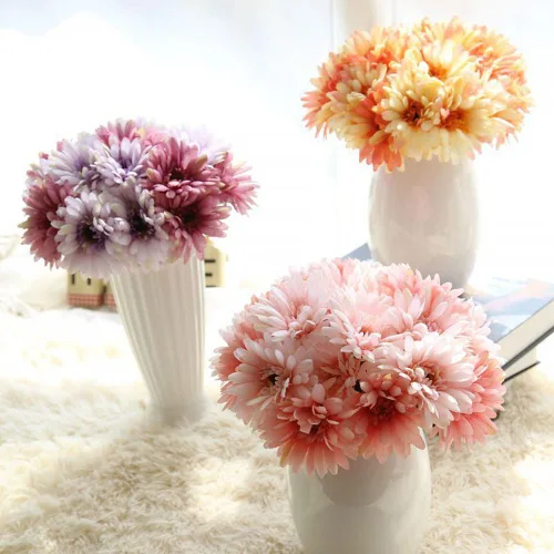 Vista 2 de Flor de gerbera artificial, margaritas artificiales, para novia, dama de honor, 7 tallos de seda, margaritas de seda, ramo de boda, sala de estar