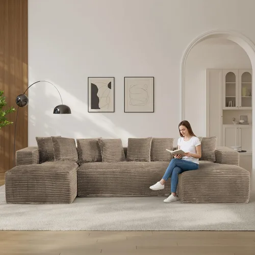 Vista 13 de Sofás seccionales en forma de U de gran tamaño de 131 pulgadas para sala de estar, cómodo sofá modular de pana esponjosa beige sin hueso, sofá