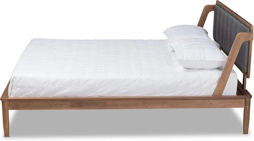 Vista 4 de Baxton Studio Helsa Mid-Century - Cama tapizada de tela gris oscuro y acabado de nogal, tamaño Queen