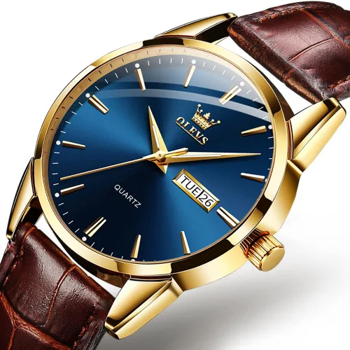 Vista 2 de OLEVS Reloj para hombres cronógrafo marrón cuero oro caso analógico cuarzo moda negocios vestido grande hombres reloj día fecha luminoso impermeable