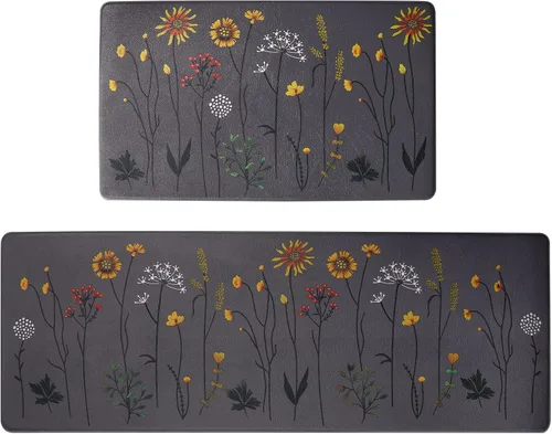 Vista 15 de Rempry - Juego de 2 alfombrillas de cocina con flores coloridas para el piso, alfombras de cocina antideslizantes y juego de tapetes, alfombrilla
