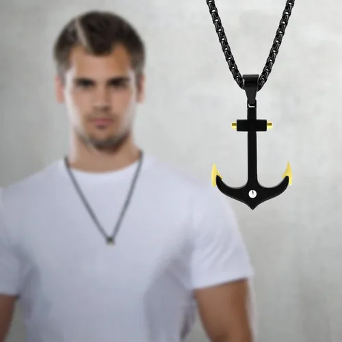 Vista 7 de Buve Collar con colgante de ancla negra, colgante náutico para hombres con puntas doradas y collar pirata de cadena Rolo de 26 pulgadas, hecho