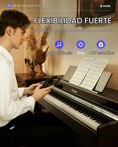 Vista 7 de Donner DDP-400 - Piano digital con teclado progresivo ponderado de 88 teclas, teclado de piano vertical premium para profesionales, paquete