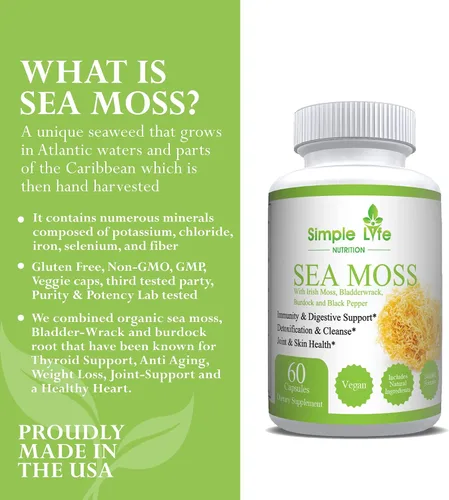 Vista 4 de Cápsulas de musgo marino irlandés orgánico de 1400 mg – Avanzadas con raíz de bardana, vejiga y pimienta negra – Sistema inmunológico, limpiador