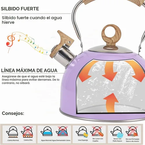 Vista 2 de Hervidor de té silbante de 85 onzas / 2.5 litros, ollas para estufa, acero inoxidable de grado alimenticio con mango plegable con patrón de madera