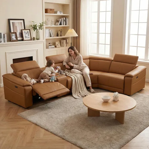 Vista 12 de Sofá seccional reclinable eléctrico, sofá de felpa beige y gris, sofá seccional con consola de almacenamiento, sofá reclinable para sala de estar