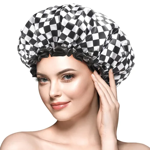 Vista 8 de mikimini Gorro de ducha para mujeres y niñas, elegante diseño de tablero de ajedrez, doble capa, impermeable, reutilizable, lavable, sin olor