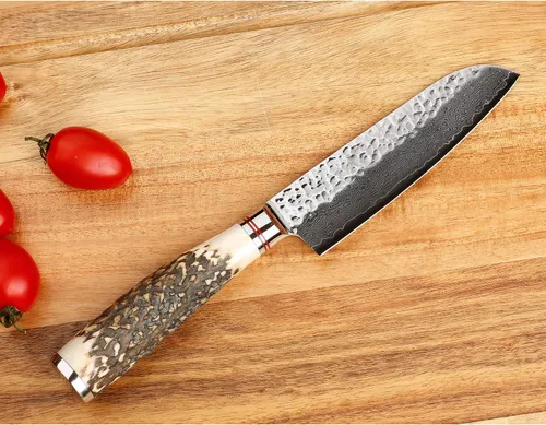 Vista 5 de SUNLONG Santoku - Cuchillos de 5 pulgadas con mango de cuernos naturales de Damasco martillado japonés