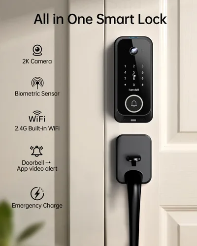 Vista 2 de Conjuntos de cerradura inteligente para puerta delantera: cerradura con cámara HD 2K con kits de timbre, cerradura de puerta sin llave con huella