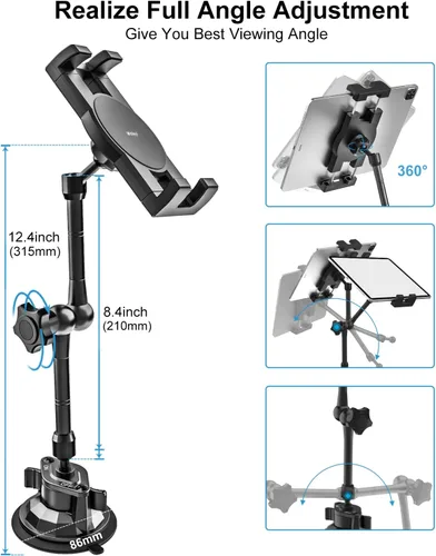 Vista 4 de Soporte de tableta de coche resistente para techo corredizo - [Ventosa fuerte] Soporte de tableta para parabrisas para camión con brazo de metal