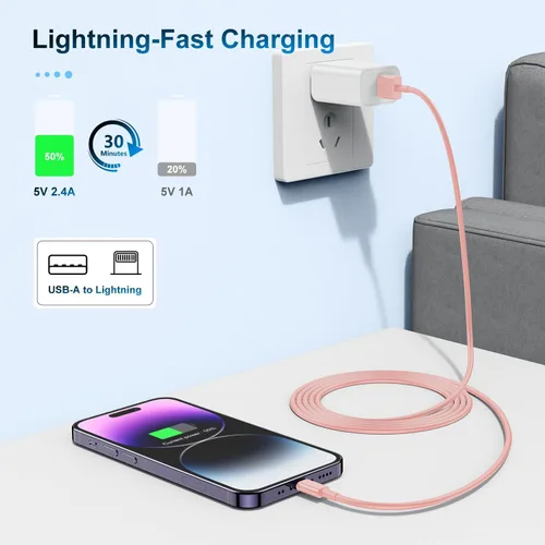 Vista 4 de Paquete de 3 cables de carga de 3 pies con certificación MFi de Apple, cable Lightning a USB de 3 pies, carga rápida de 2.4 A, cargadores