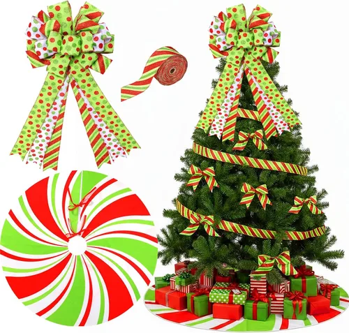 Vista 12 de Zomiboo Juego de decoración para árbol de Navidad incluye lazo de Navidad con bastón de caramelo, arco decorativo de 31.5 pulgadas, rojo y blanco