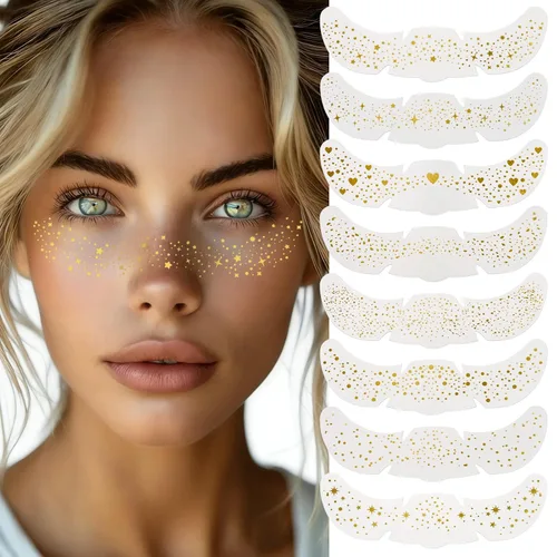 Vista 8 de 24 piezas de tatuajes faciales con purpurina facial, parches de maquillaje con purpurina corporal, parches de manchas brillantes, accesorios