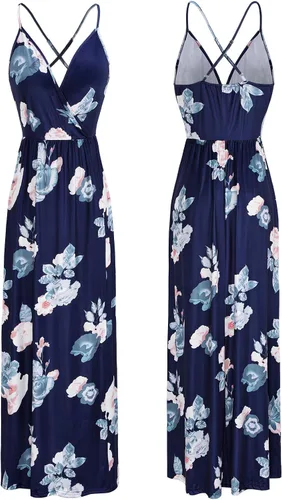 Vista 4 de II ININ - Vestido casual para mujer veraniego con cuello en V profundo estampado floral o color liso vestido largo con abertura para fiesta