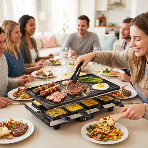 Vista 2 de COSTWAY Raclette - Parrilla para mesa 8, 2 en 1 con placa antiadherente reversible, 8 sartenes para queso, 8 espátulas de madera, pinzas y control