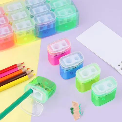 Vista 7 de 24 sacapuntas manuales de doble agujero con tapa, sacapuntas de colores portátiles para niños y adultos, escuela, oficina, hogar, viajes