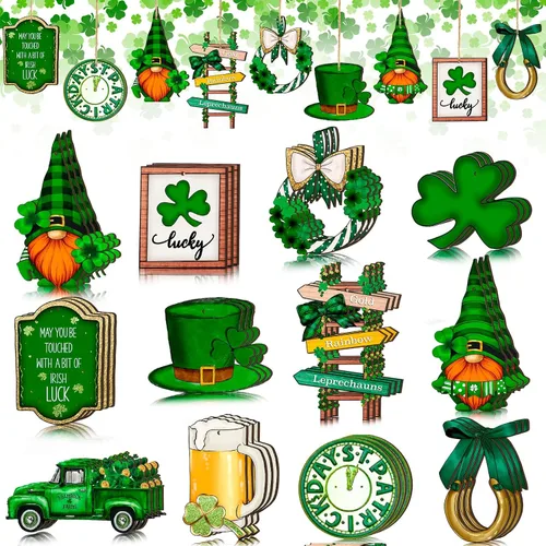Vista 13 de Spiareal 36 piezas Adornos de día de San Patricio en madera, adorno colgante de trébol verde, gnomo verde, camión, recorte de madera, decoración