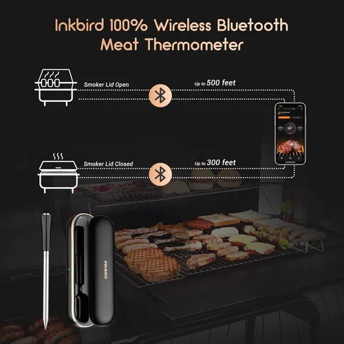 Vista 2 de INKBIRD Termómetro de carne inalámbrico, termómetro inteligente para carne Bluetooth, IP67 impermeable con caja recargable para parrilla al aire