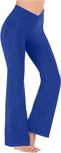 Vista 2 de Leggings acampanados cruzados para mujer, cintura alta, corte en V, corte de bota, pantalones de yoga acampanados con bolsillos