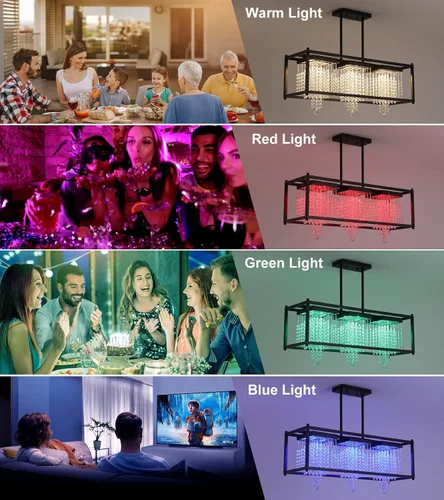Vista 2 de MEIXISUE Candelabros modernos de cristal K9 RGB LED Rectango, lámparas de araña para comedor, sala de estar, cocina, isla de 33.86 pulgadas de largo