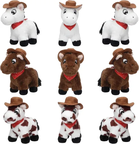Vista 8 de Paquete de 9 animales de peluche de 4 pulgadas, mini juguete de peluche de pie con sombrero de vaquero y bandana, cadena desmontable para decoración
