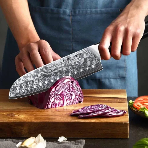 Vista 2 de TURWHO Cuchillo Santoku Profesional 7 pulgadas - Cuchillo de chef japonés clásico, patrón de damasco, acero VG-10