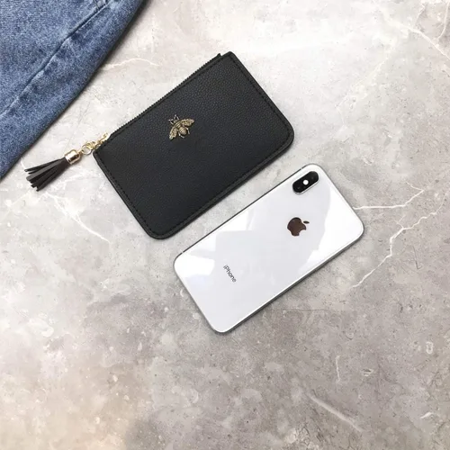 Vista 5 de Monedero de cuero para mujer con llavero, cartera de cambio, tarjetero con borla y cremallera, Negro, Pequeño, Minimalista