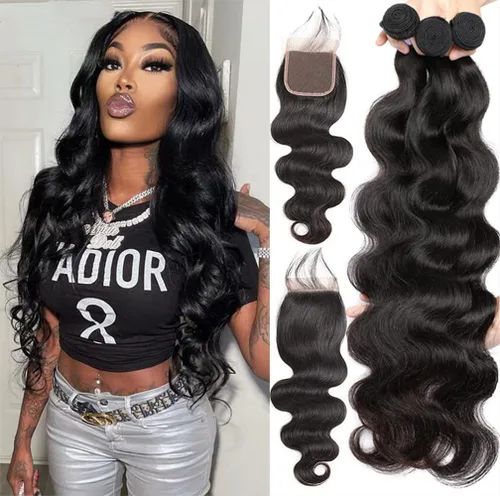 Vista 28 de Paquetes de Ondas Corporales con Cierre para Mujeres Negras (10 12 14+10) 100% Cabello Humano Brasileño de Ondas Corporales Sin Procesar 3 Paquetes