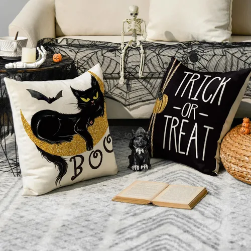 Vista 3 de AVOIN colorlife Happy Halloween Boo - Juego de 4 fundas de almohada con diseño de gato negro, 18 x 18 pulgadas, diseño de murciélago de calabaza
