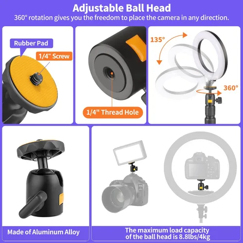 Vista 5 de Soporte para cámara web de montaje de escritorio para cámara web con cabezal de bola de 360°, soporte de luz de mesa ajustable de 14 a 33 pulgadas