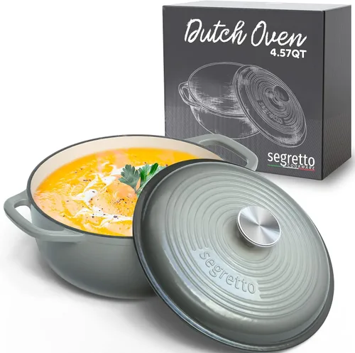 Vista 10 de Segretto Cookware Horno holandés ovalado de hierro fundido esmaltado, 7 cuartos de galón blanco Bianco Perla (Off-White)