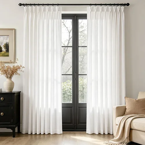Vista 18 de Cortinas de lino de 63 pulgadas, juego de 2 paneles para sala de estar, beige natural, cortinas con pliegues pellizco entrenadas con memoria