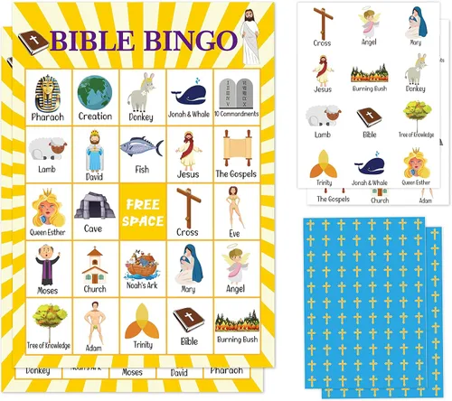 Vista 5 de Juegos de cartas de bingo de la Biblia, suministros de fiesta de juego de iglesia dominical cristiana, recuerdos, decoraciones, regalos - Juego