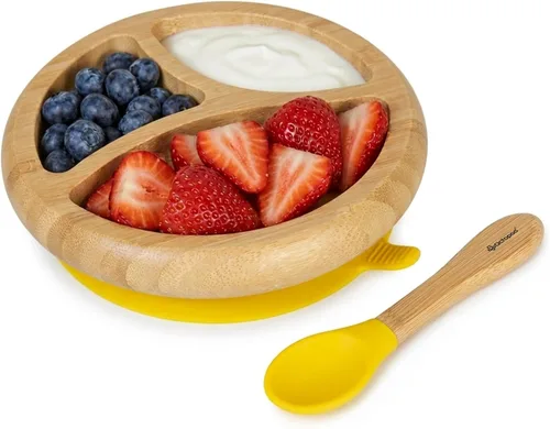 Vista 10 de Abiie Octopod Bamboo Dish & Spoon - Plato de succión para bebé - 4 meses y más - Azul 3-Compartment Round Kids Plate, High Chair Accessories