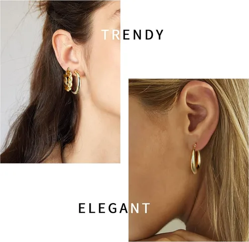 Vista 4 de Juego de aretes de aro gruesos chapados en oro real de 14 quilates para mujer, hipoalergénicos, gruesos, ligeros, para mujer, 20253040502.362in